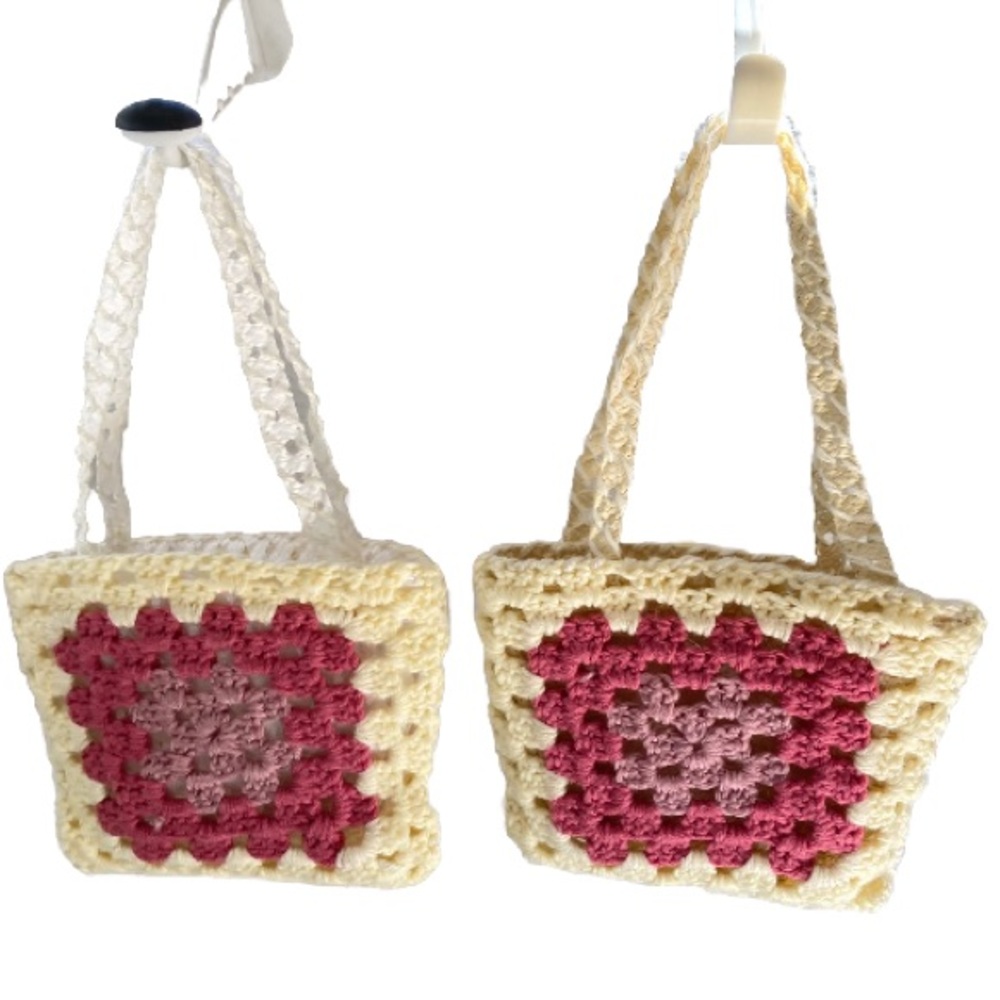 Granny Square Mini Tote Bag White or Cream with Pink Yellow Lilac 7 x 8 inches
